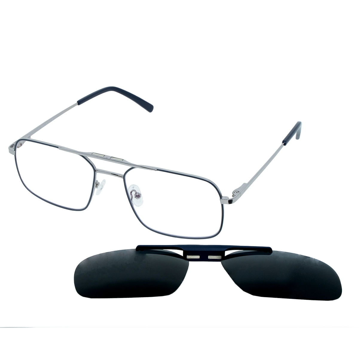 Armação para Óculos de Grau Masculino Hit 2 8025 Prata com Azul Marinho com Clip On Armação para Óculos de Grau Masculino Hit 2 8025 Prata com A