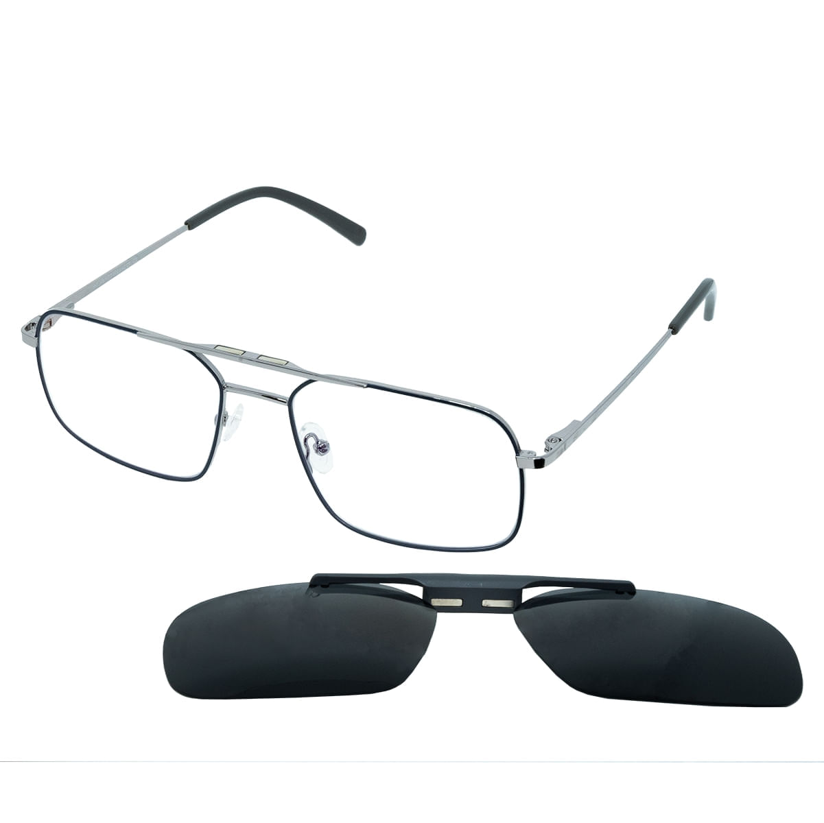 Armação para Óculos de Grau Masculino Hit 2 8025 Prata com Cinza com Clip On Armação para Óculos de Grau Masculino Hit 2 8025 Prata com Cin